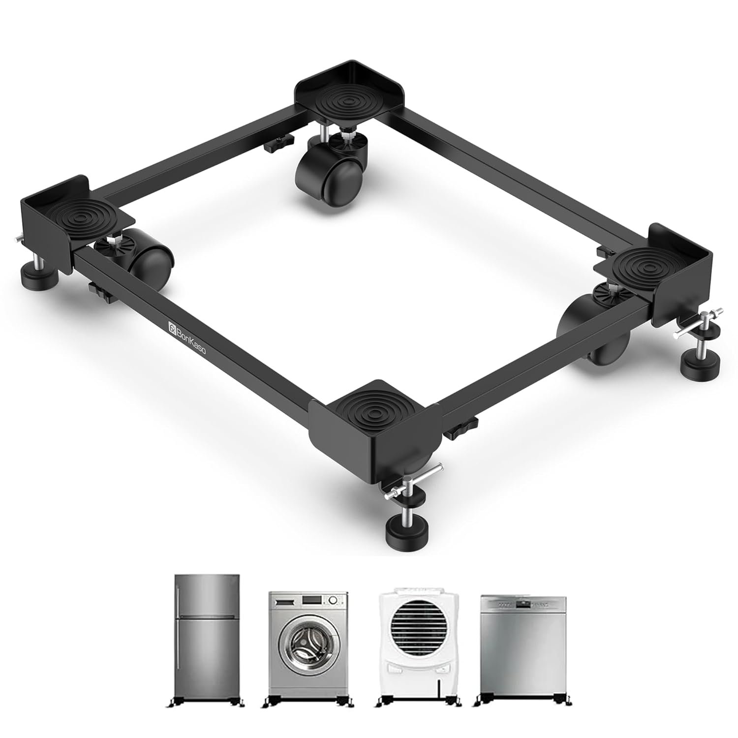 BonKaso Adjustable Heavy Duty Appliance Stand with Wheels & Anti-Slip fridge storage rack