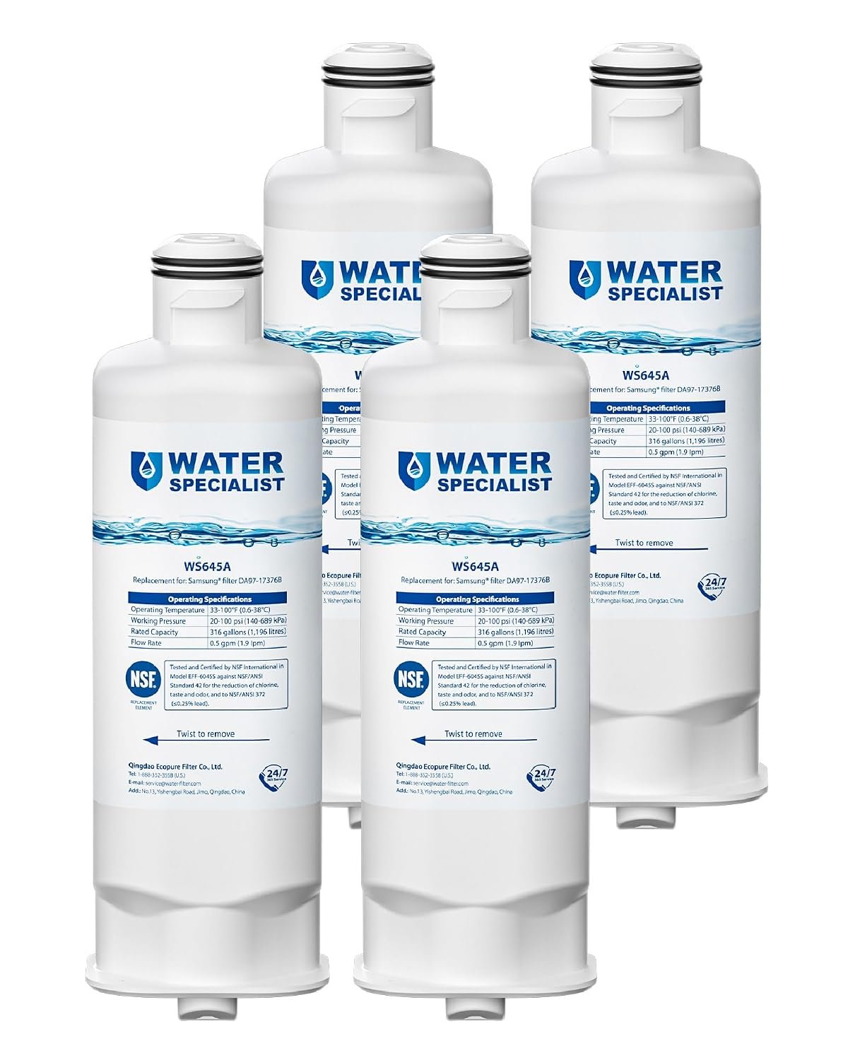 Waterspecialist WS645A Refrigerator Water Filter, 4 Pack refrigerator water filter
